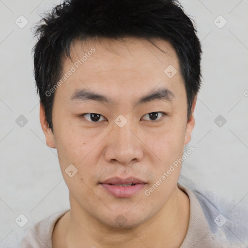 Neutral asian young-adult male with short  black hair and brown eyes