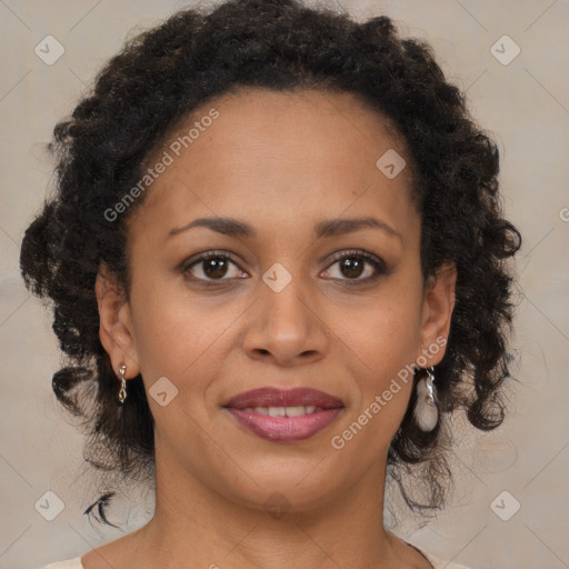 Joyful black young-adult female with medium  brown hair and brown eyes