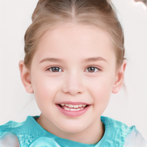 Joyful white child female with medium  brown hair and blue eyes