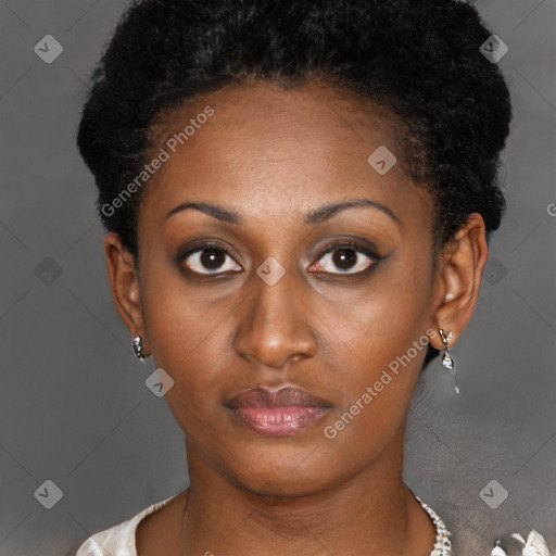 Neutral black young-adult female with short  brown hair and brown eyes