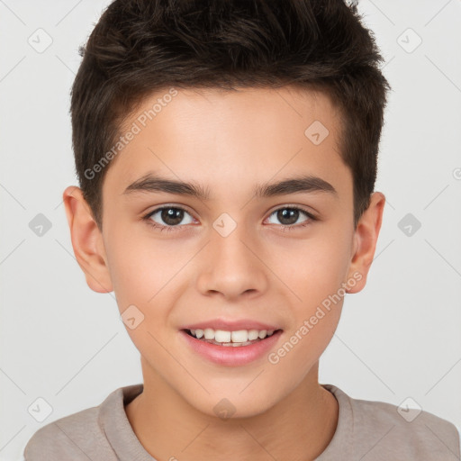 Joyful white child male with short  brown hair and brown eyes