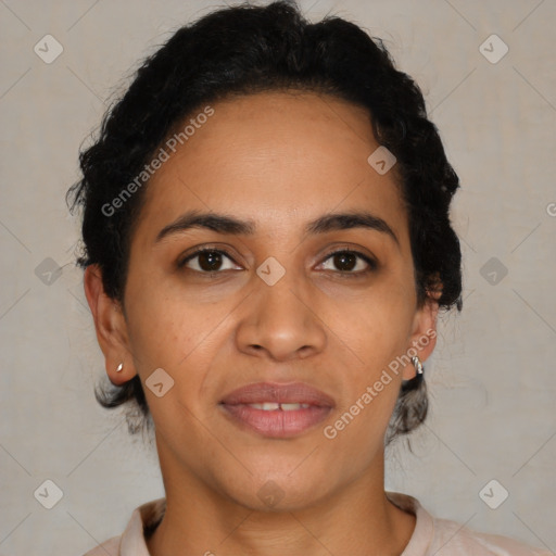 Joyful latino young-adult female with short  brown hair and brown eyes