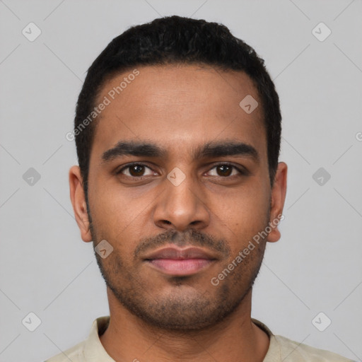 Neutral latino young-adult male with short  black hair and brown eyes