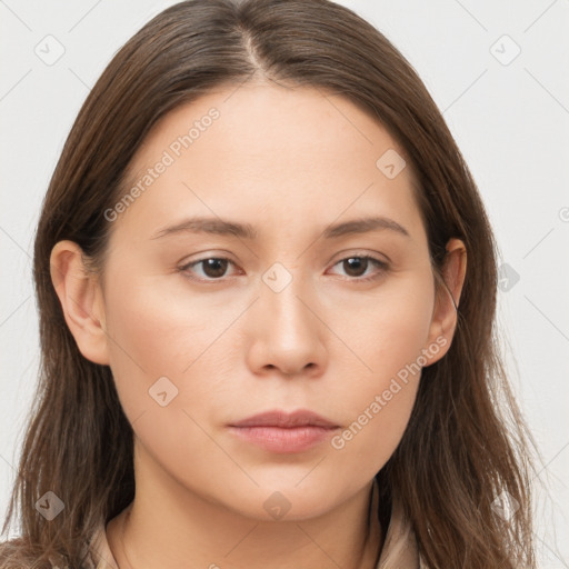 Neutral white young-adult female with long  brown hair and brown eyes