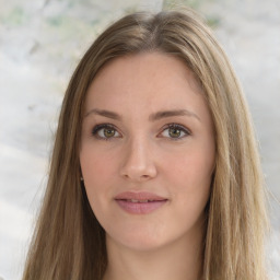 Joyful white young-adult female with long  brown hair and green eyes