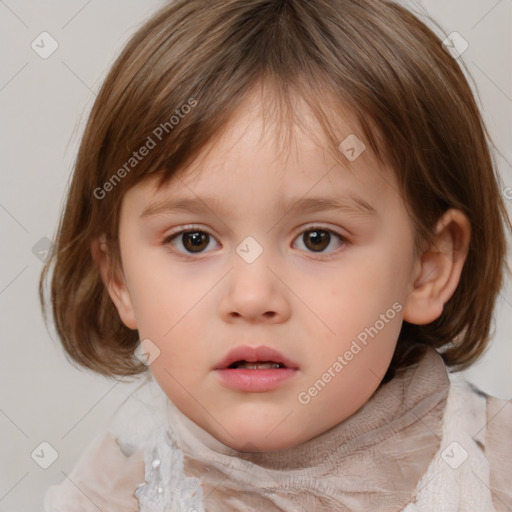 Neutral white child female with medium  brown hair and grey eyes