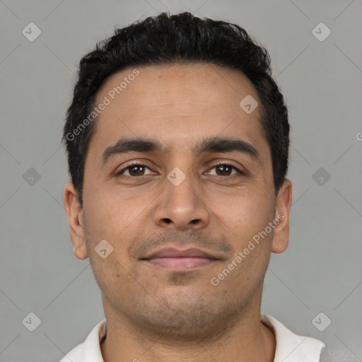 Neutral latino young-adult male with short  black hair and brown eyes
