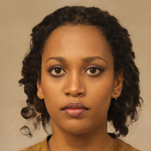Neutral black young-adult female with medium  brown hair and brown eyes