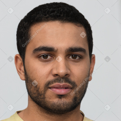 Neutral latino young-adult male with short  black hair and brown eyes