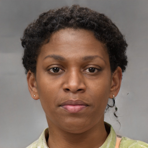 Neutral black young-adult female with short  brown hair and brown eyes