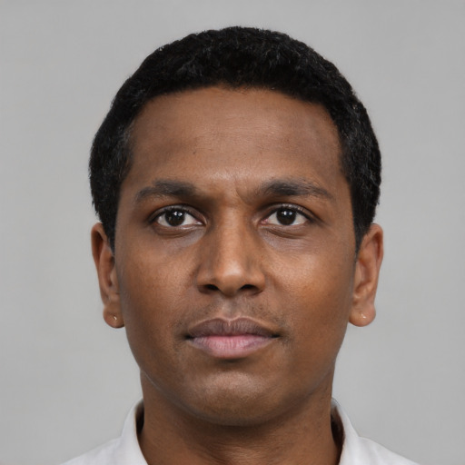 Neutral black young-adult male with short  black hair and brown eyes