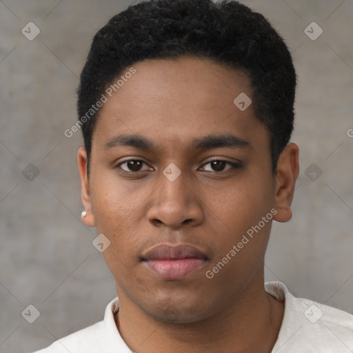 Neutral black young-adult male with short  black hair and brown eyes