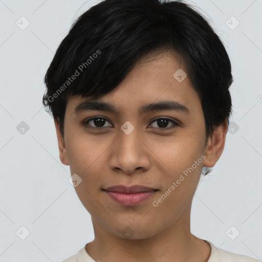 Joyful asian young-adult female with short  black hair and brown eyes