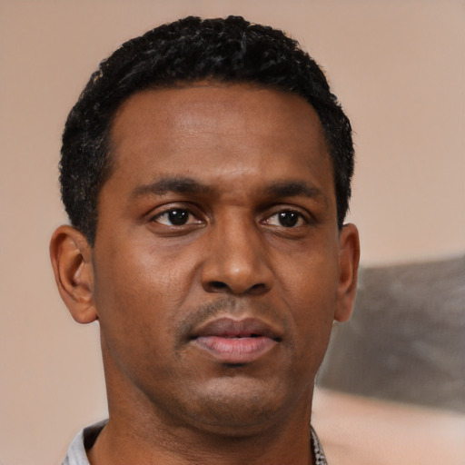 Neutral black young-adult male with short  black hair and brown eyes