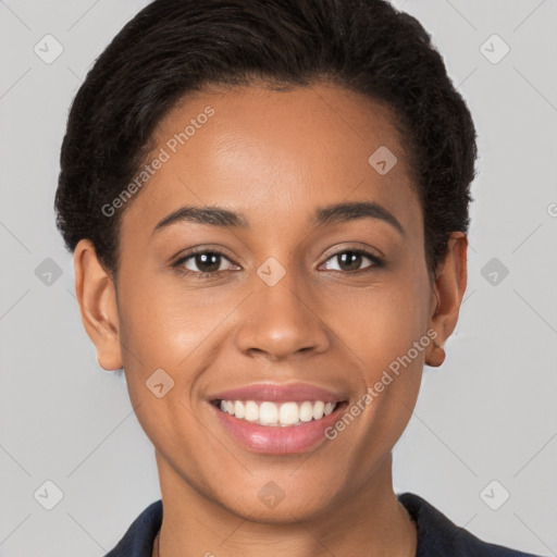 Joyful white young-adult female with short  brown hair and brown eyes