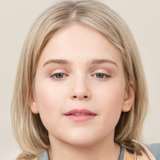 Neutral white child female with medium  brown hair and grey eyes