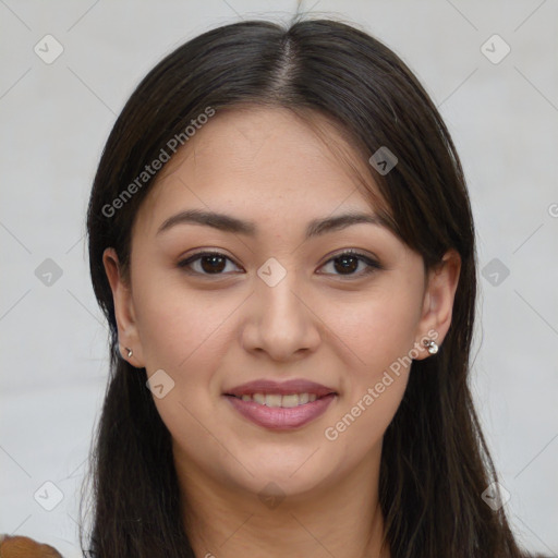 Joyful asian young-adult female with long  brown hair and brown eyes