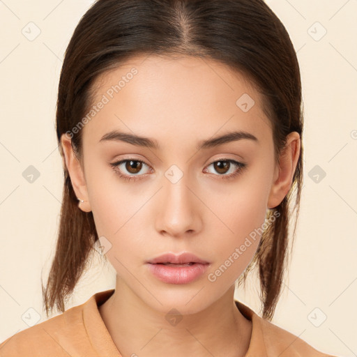 Neutral white young-adult female with medium  brown hair and brown eyes