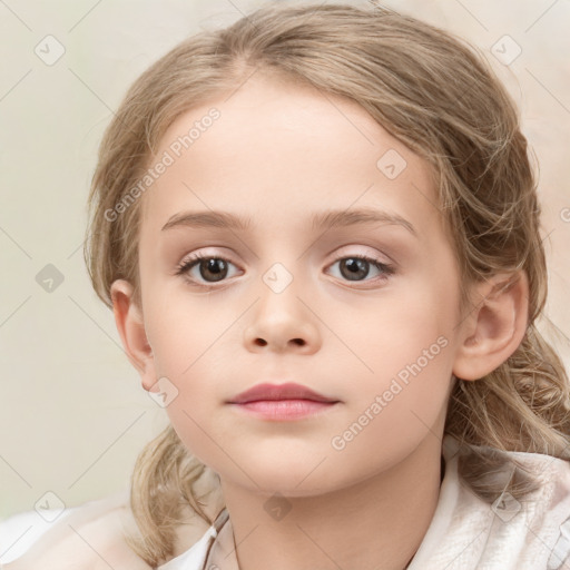 Neutral white child female with medium  brown hair and blue eyes