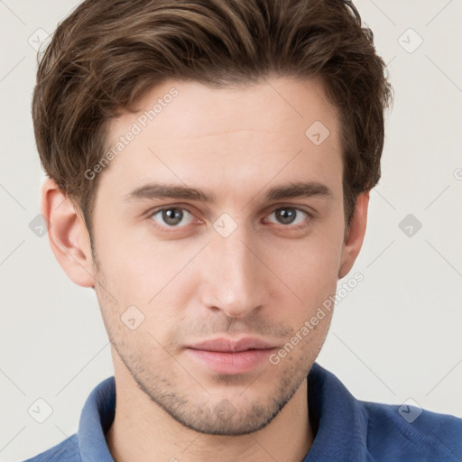 Neutral white young-adult male with short  brown hair and grey eyes