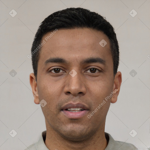 Neutral latino young-adult male with short  black hair and brown eyes