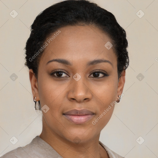 Joyful latino young-adult female with short  black hair and brown eyes