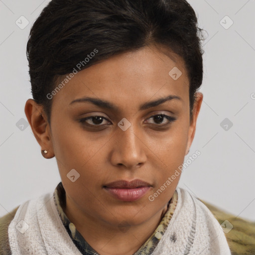 Neutral black young-adult female with short  brown hair and brown eyes