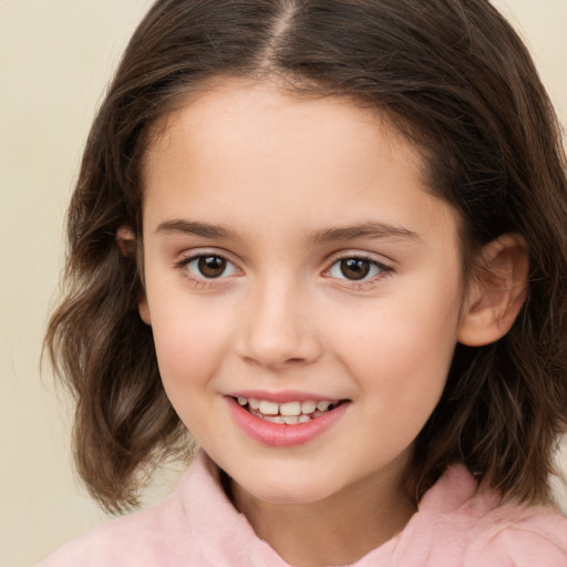 Joyful white child female with medium  brown hair and brown eyes