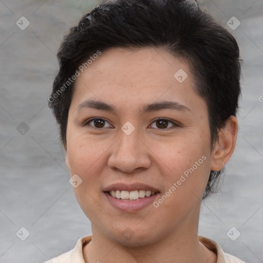 Joyful white young-adult female with short  brown hair and brown eyes