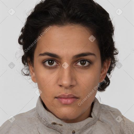 Neutral white young-adult female with short  brown hair and brown eyes