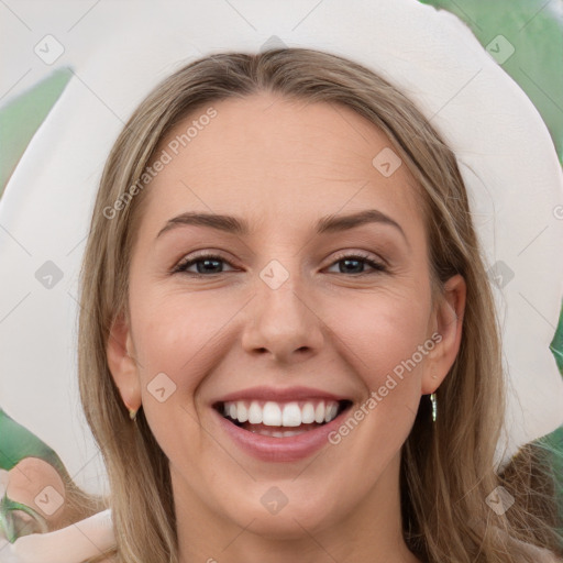 Joyful white young-adult female with medium  brown hair and green eyes