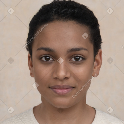 Joyful latino young-adult female with short  black hair and brown eyes