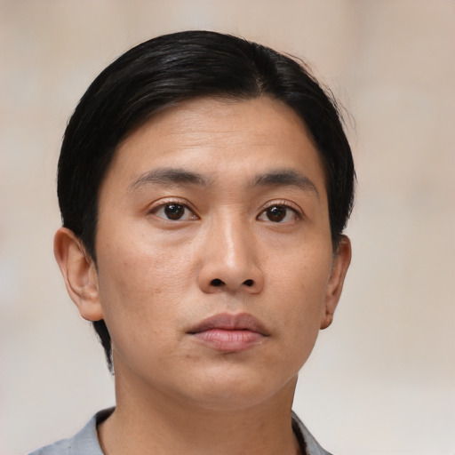 Neutral asian young-adult male with short  black hair and brown eyes