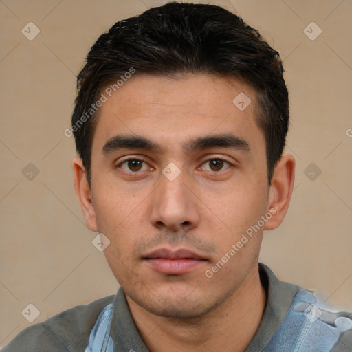 Neutral white young-adult male with short  black hair and brown eyes