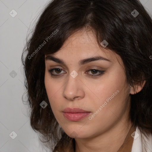 Neutral white young-adult female with medium  brown hair and brown eyes