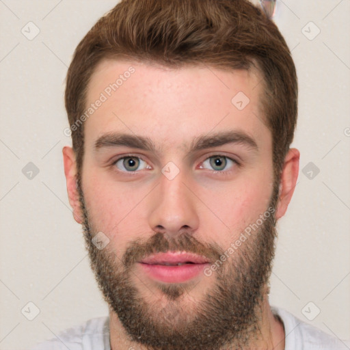 Neutral white young-adult male with short  brown hair and grey eyes