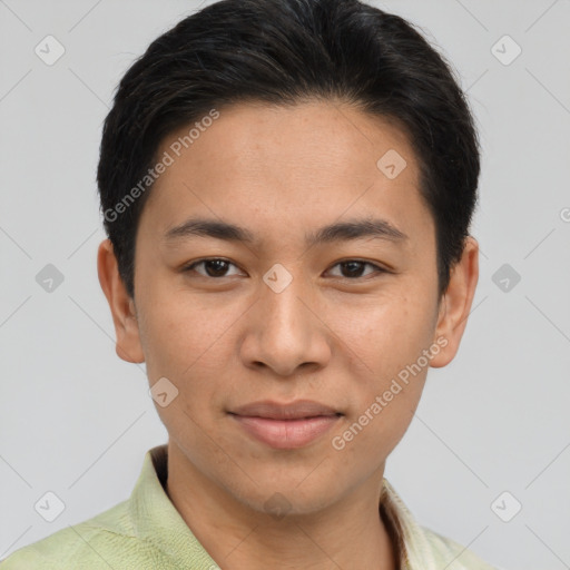 Joyful asian young-adult male with short  brown hair and brown eyes