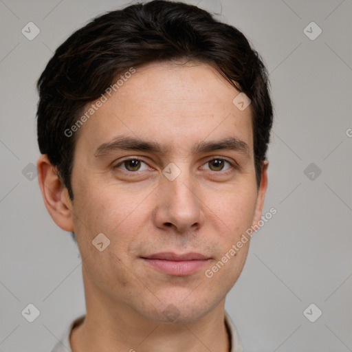 Neutral white young-adult male with short  brown hair and grey eyes