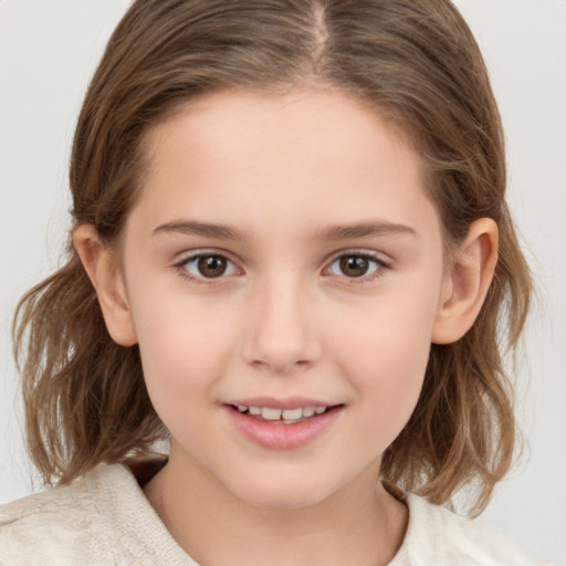 Joyful white child female with medium  brown hair and brown eyes