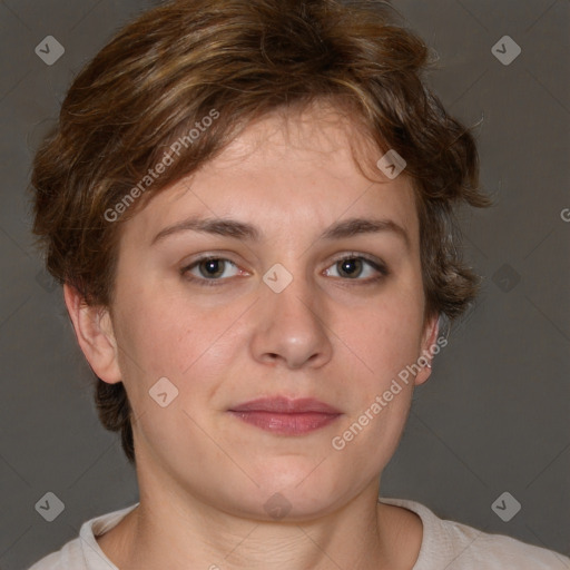 Neutral white young-adult female with short  brown hair and brown eyes