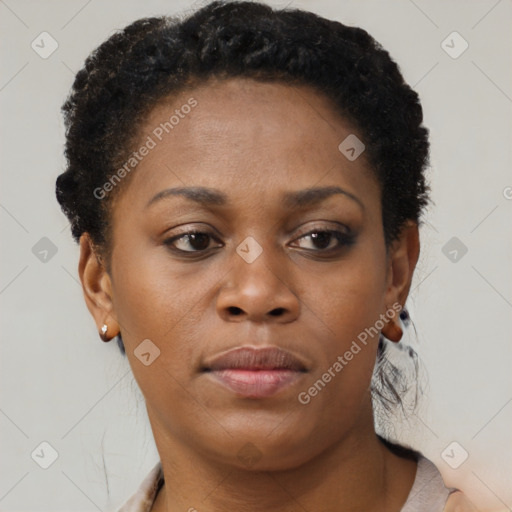 Neutral black young-adult female with short  brown hair and brown eyes