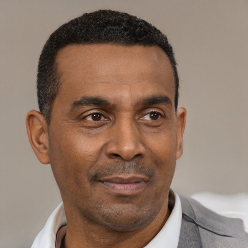 Neutral latino adult male with short  black hair and brown eyes