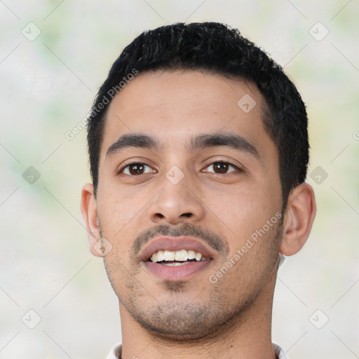 Neutral latino young-adult male with short  black hair and brown eyes