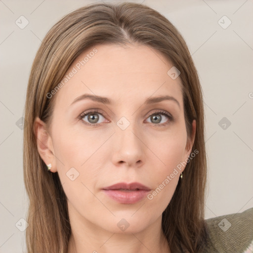 Neutral white young-adult female with long  brown hair and grey eyes