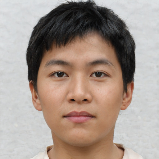 Neutral asian young-adult male with short  black hair and brown eyes