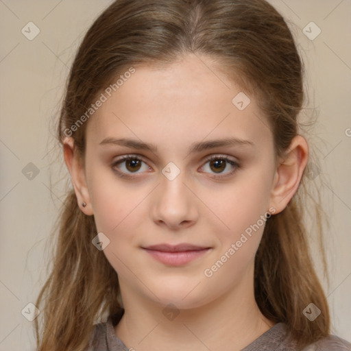 Joyful white child female with medium  brown hair and brown eyes