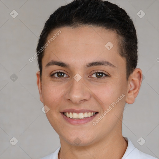 Joyful white young-adult female with short  brown hair and brown eyes