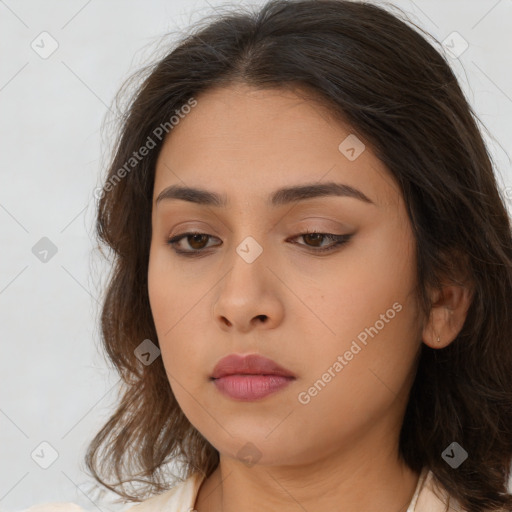 Neutral asian young-adult female with long  brown hair and brown eyes