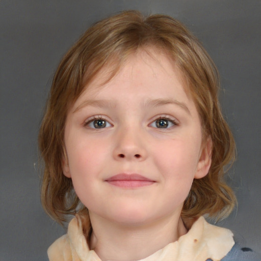 Neutral white child female with medium  brown hair and blue eyes