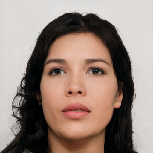 Neutral asian young-adult female with long  black hair and brown eyes